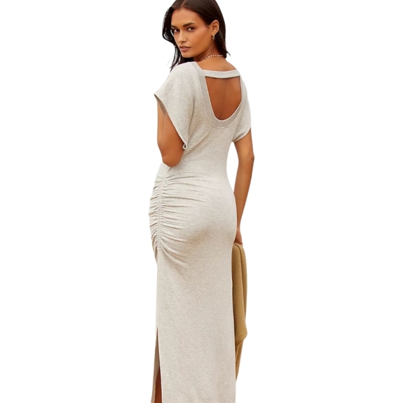 Daily Practice by Anthropologie V-Neck Midi Dress Light Grey Ruched Women's LG - Picture 1 of 16